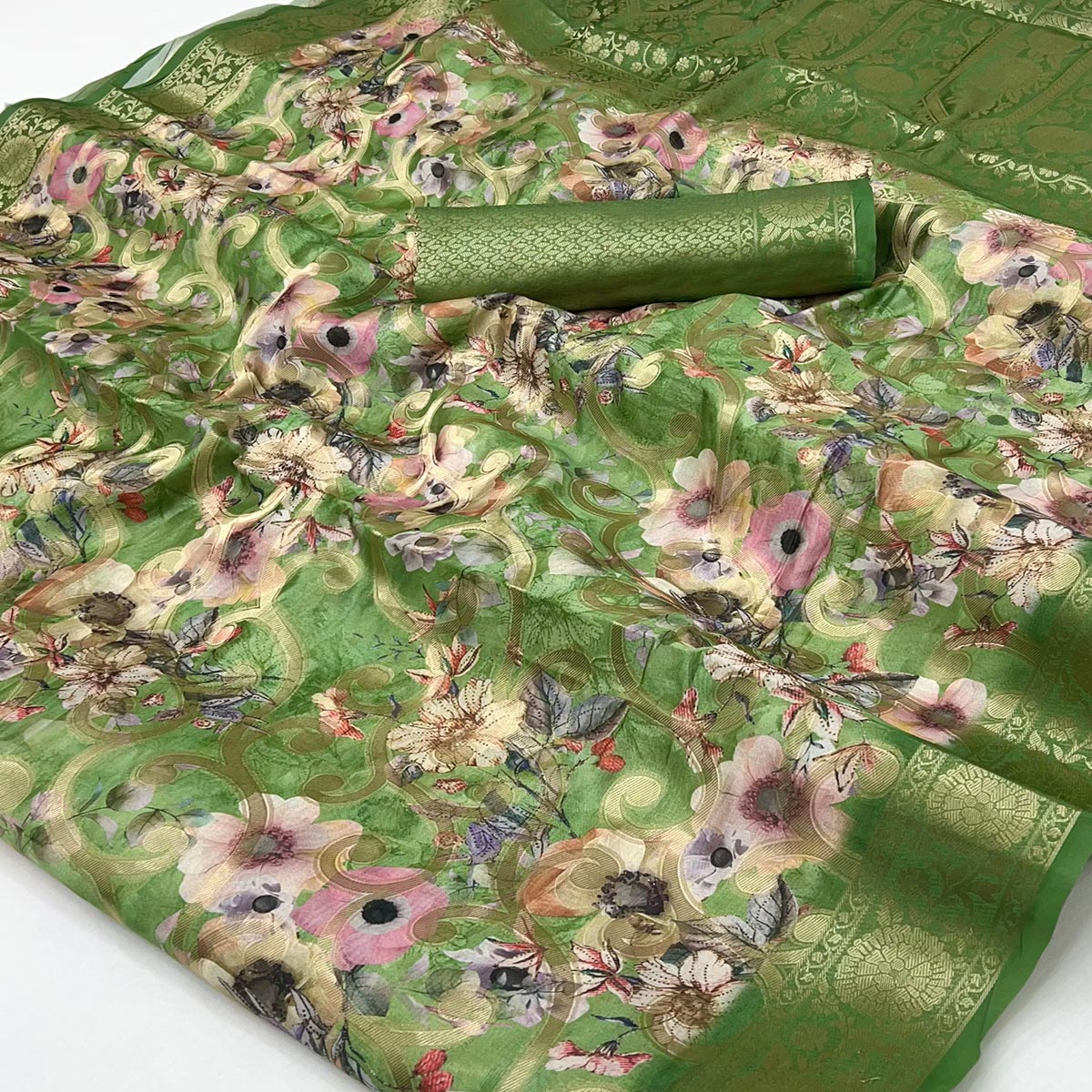 Stylish Green Floral Woven & Digital Printed Silk Blend Saree With Tassel Pallu