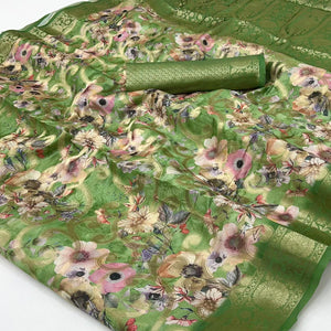 Stylish Green Floral Woven & Digital Printed Silk Blend Saree With Tassel Pallu