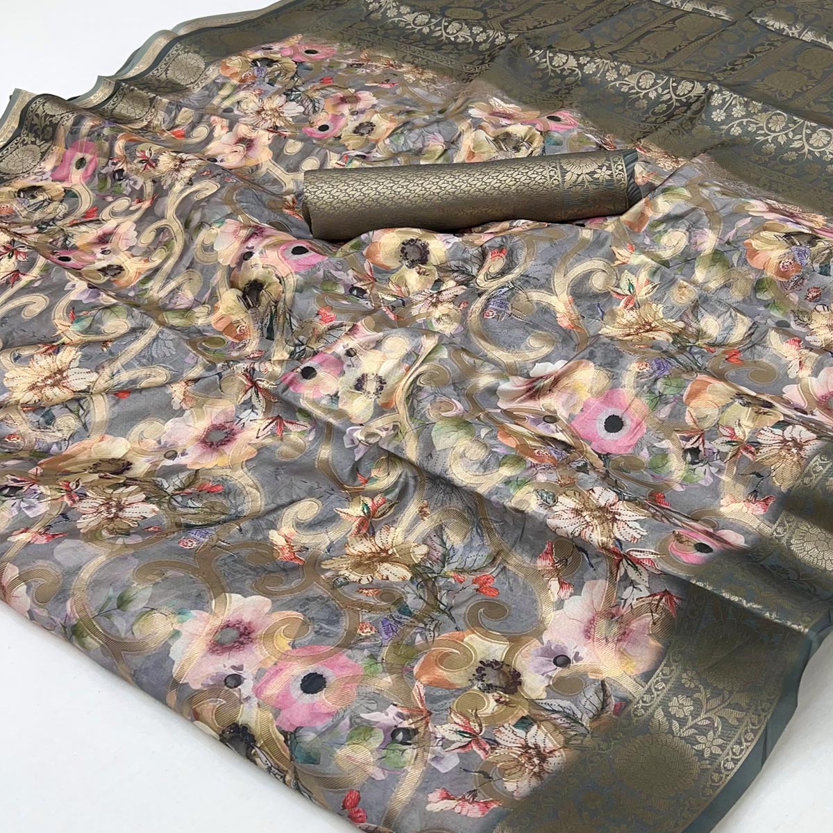 Stylish Grey Floral Woven & Digital Printed Silk Blend Saree With Tassel Pallu