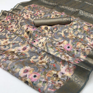Stylish Grey Floral Woven & Digital Printed Silk Blend Saree With Tassel Pallu