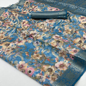 Stylish Blue Floral Woven & Digital Printed Silk Blend Saree With Tassel Pallu