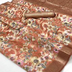 Stylish Dsuty Peach Floral Woven & Digital Printed Silk Blend Saree With Tassel Pallu