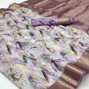 Elegant Lavender Silk Blend Saree With Zig-Zag Digital Print & Weaving Work