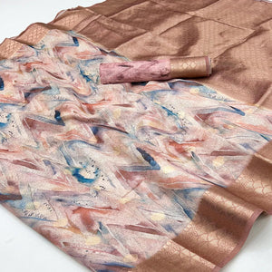 Elegant Peach Silk Blend Saree With Zig-Zag Digital Print & Weaving Work