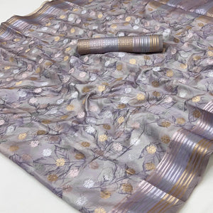 Lavender Floral Motif Weaving & Artistic Digital Printed Silk Blend Saree With Tassel Pallu