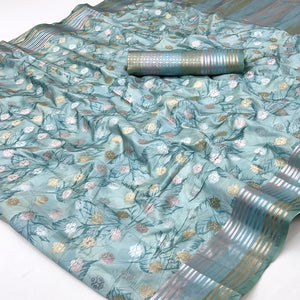 Dusty Turquoise Floral Motif Weaving & Artistic Digital Printed Silk Blend Saree With Tassel Pallu