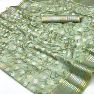 Green Floral Motif Weaving & Artistic Digital Printed Silk Blend Saree With Tassel Pallu