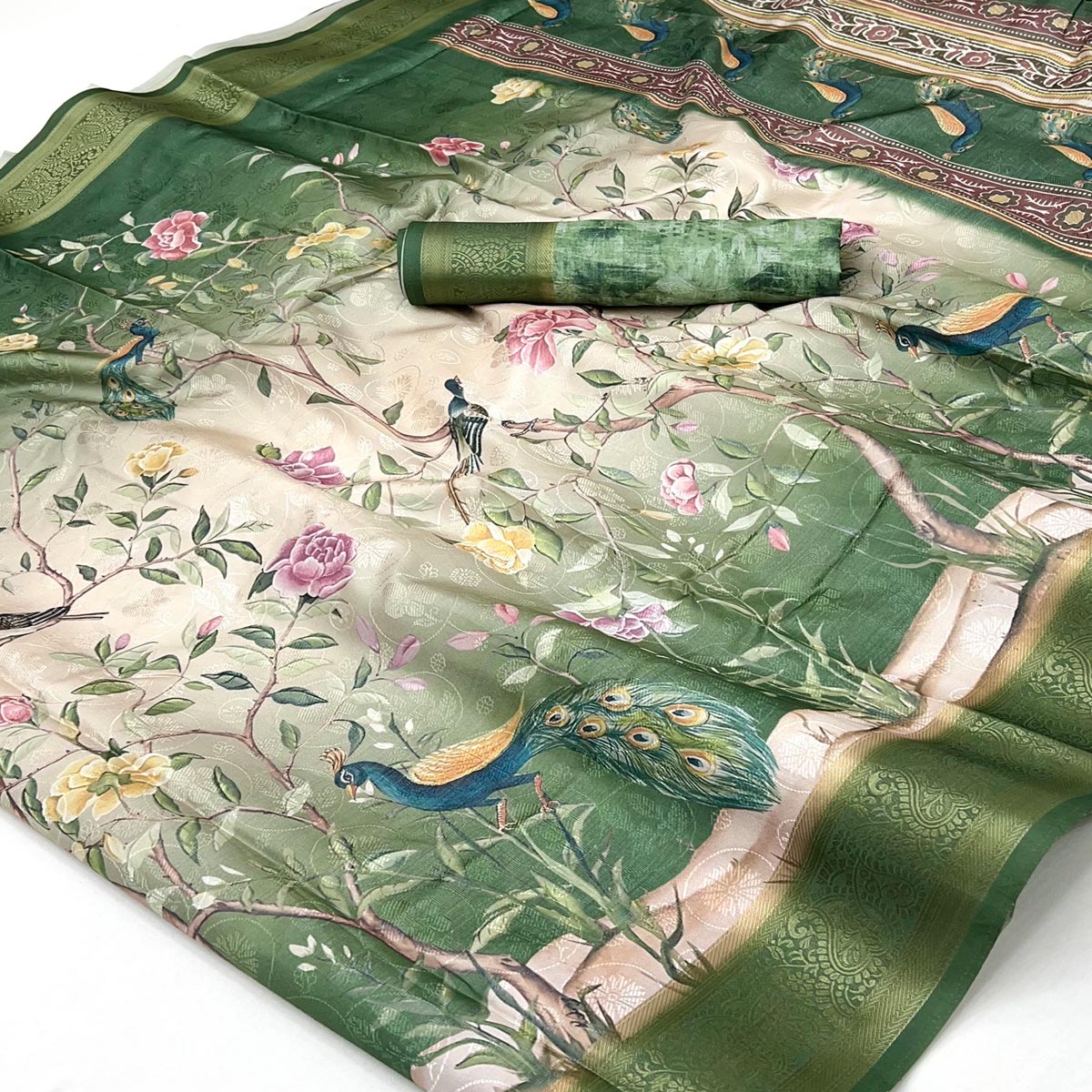 Charming Green Weaving Silk Blend Saree Adorned With Floral & Peacock Digital Prints