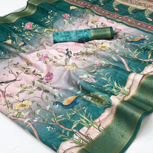 Charming Teal Weaving Silk Blend Saree Adorned With Floral & Peacock Digital Prints