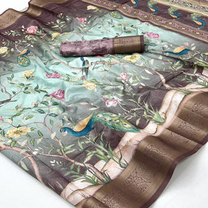 Charming Wine Weaving Silk Blend Saree Adorned With Floral & Peacock Digital Prints