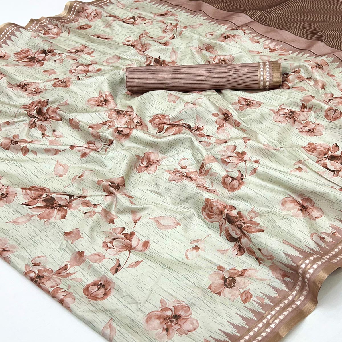 Charming Peach Silk Blend Saree Featuring Floral Digital Prints & Zari Border