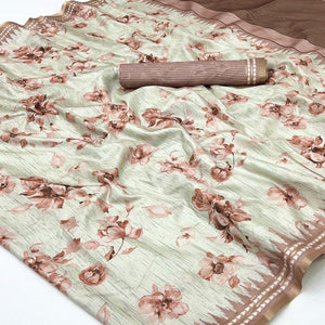 Charming Peach Silk Blend Saree Featuring Floral Digital Prints & Zari Border