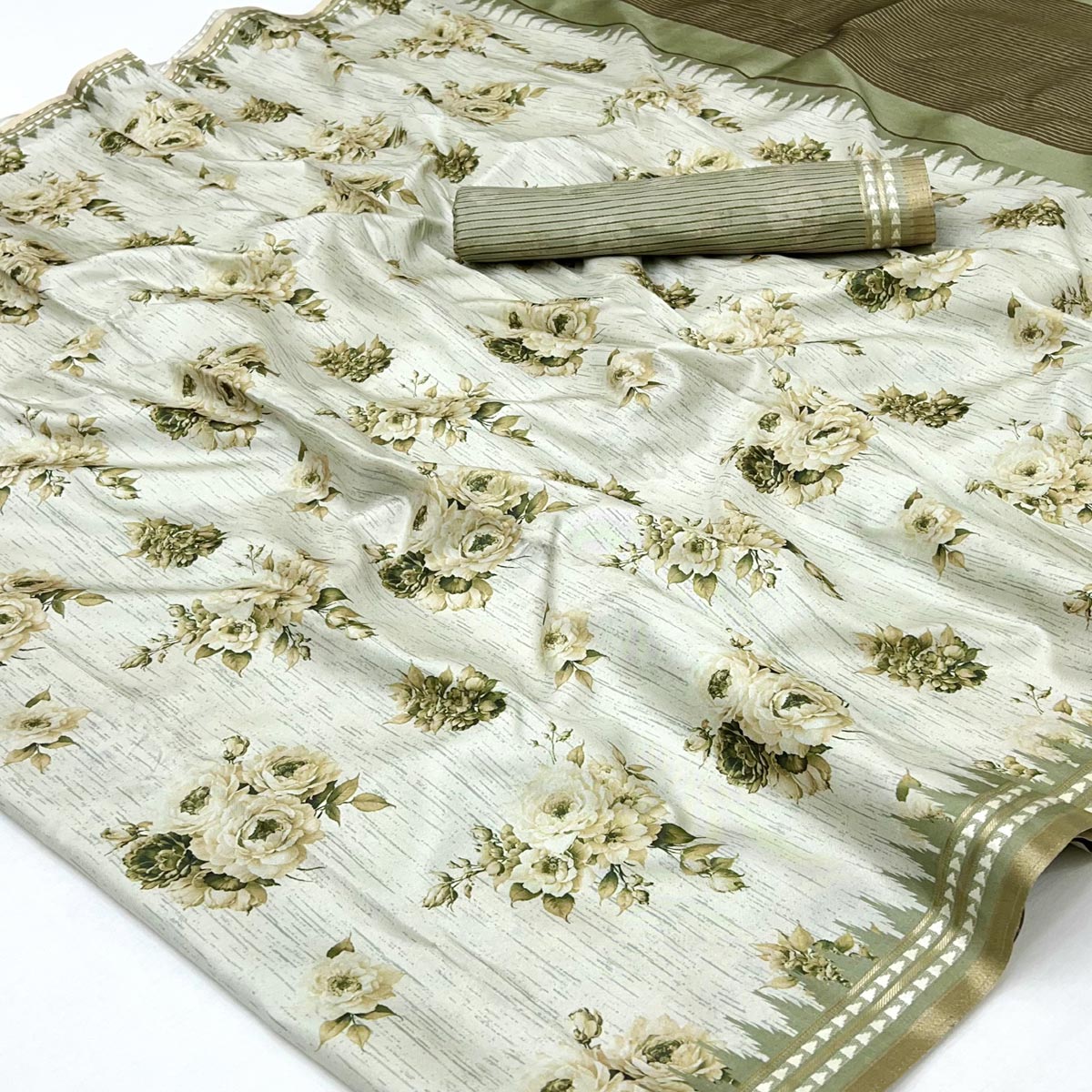 Charming Green Silk Blend Saree Featuring Floral Digital Prints & Zari Border