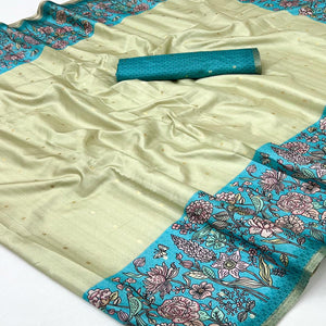 Majestic Chikoo & Blue Silk Blend Saree Enhanced With Floral Prints & Weaving Work