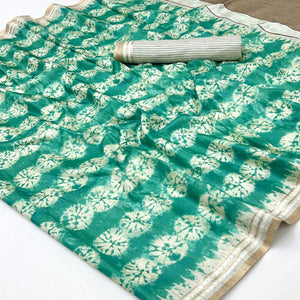 Opulent Rama Green Silk Blend Saree Adorned With Digital Prints & Zari Border