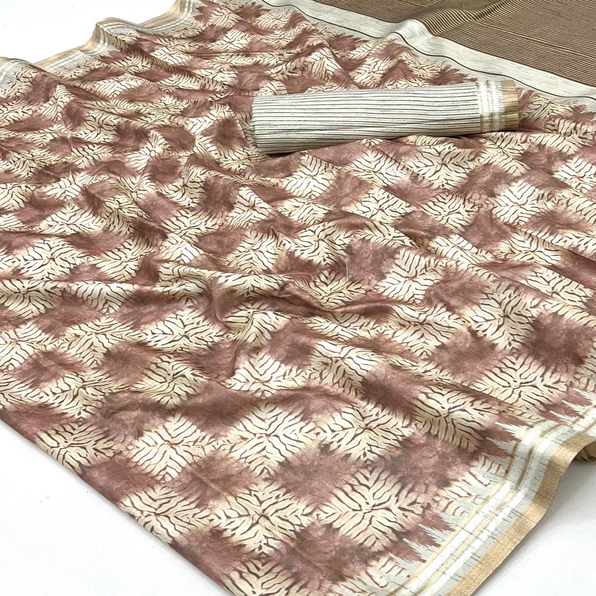 Opulent Brown Silk Blend Saree Adorned With Digital Prints & Zari Border