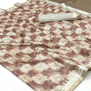 Opulent Brown Silk Blend Saree Adorned With Digital Prints & Zari Border