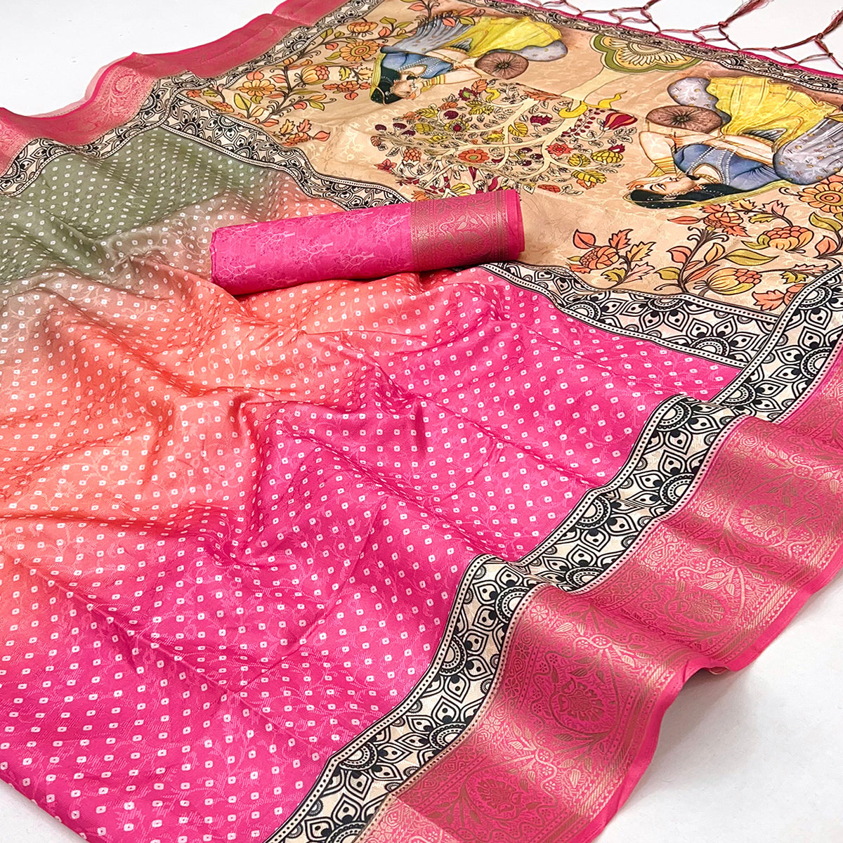 Rani Pink Bandhani Digital Printed Silk Blend Weaving Saree With Madhubani Pallu With Tassel