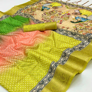 Green Bandhani Digital Printed Silk Blend Weaving Saree With Artistic Madhubani Pallu With Tassel