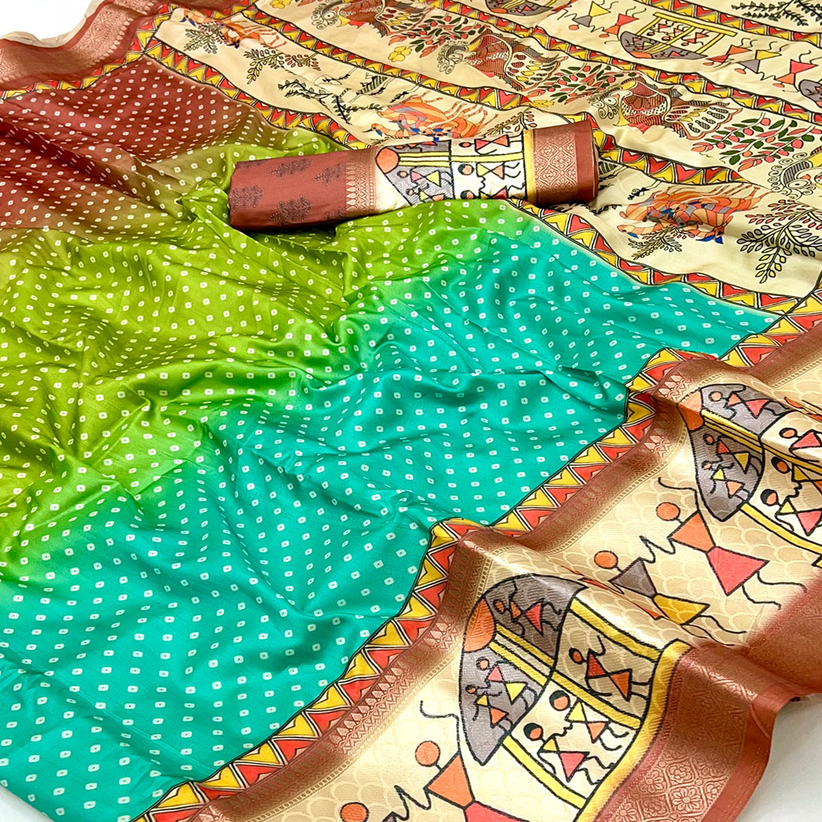 Rust Traditional Bandhani & Warli Digital Printed Silk Blend Saree With Weaving Border