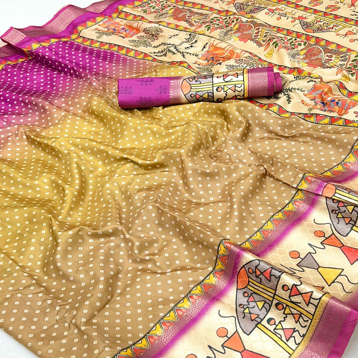 Magenta Traditional Bandhani & Warli Digital Printed Silk Blend Saree With Weaving Border