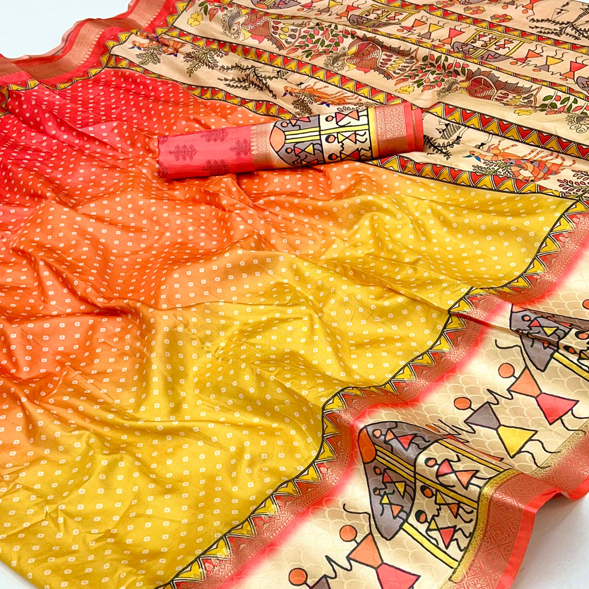 Coral Red Traditional Bandhani & Warli Digital Printed Silk Blend Saree With Weaving Border