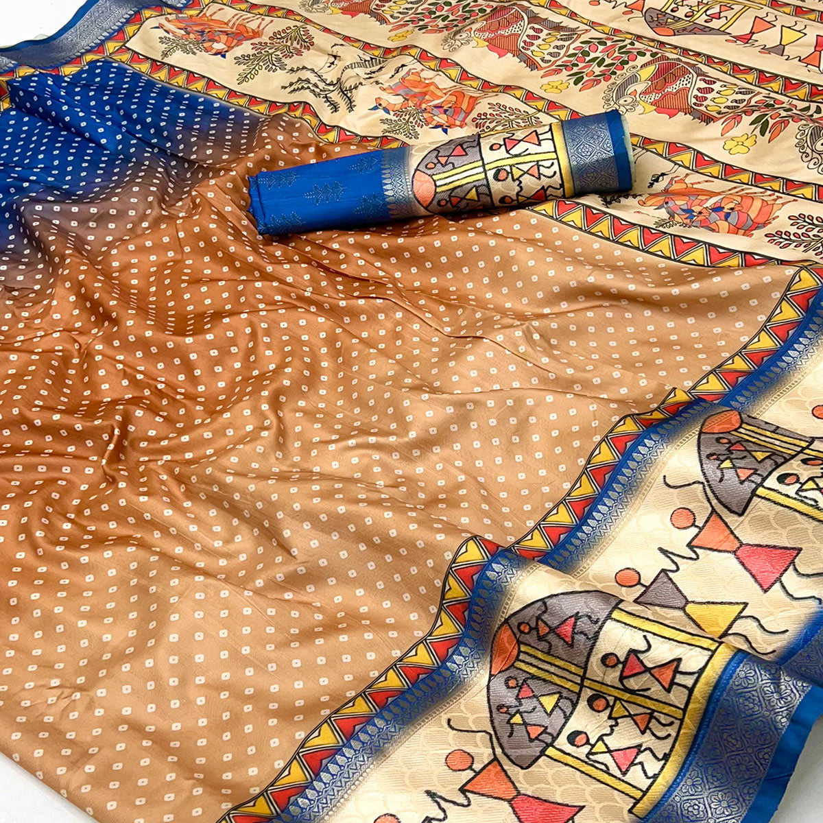 Royal Blue Traditional Bandhani & Warli Digital Printed Silk Blend Saree With Weaving Border