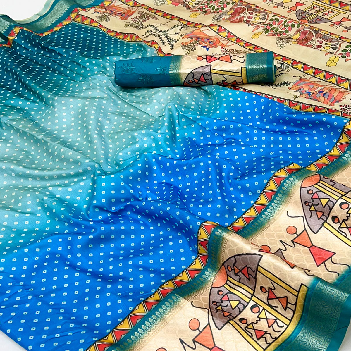 Teal Traditional Bandhani & Warli Digital Printed Silk Blend Saree With Weaving Border