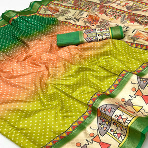 Green Traditional Bandhani & Warli Digital Printed Silk Blend Saree With Weaving Border