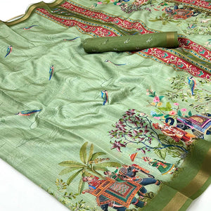 Green Dola Silk Saree With Majestic Elephant & Vibrant Peacock Digital Prints