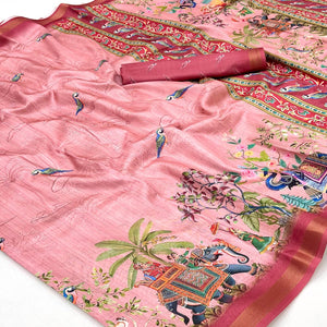 Pink Dola Silk Saree With Majestic Elephant & Vibrant Peacock Digital Prints