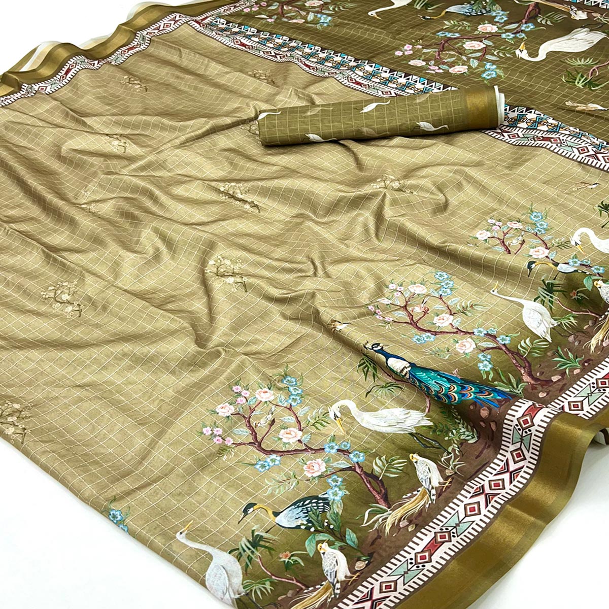 Green Digital Printed Dola Silk Saree With Royal Floral & Peacock Motifs