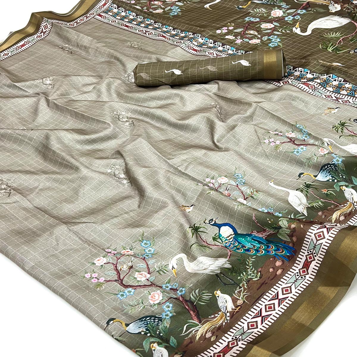 Grey Digital Printed Dola Silk Saree With Royal Floral & Peacock Motifs