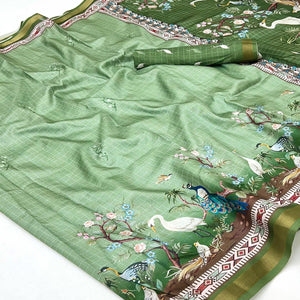 Green Digital Printed Dola Silk Saree With Royal Floral & Peacock Motifs