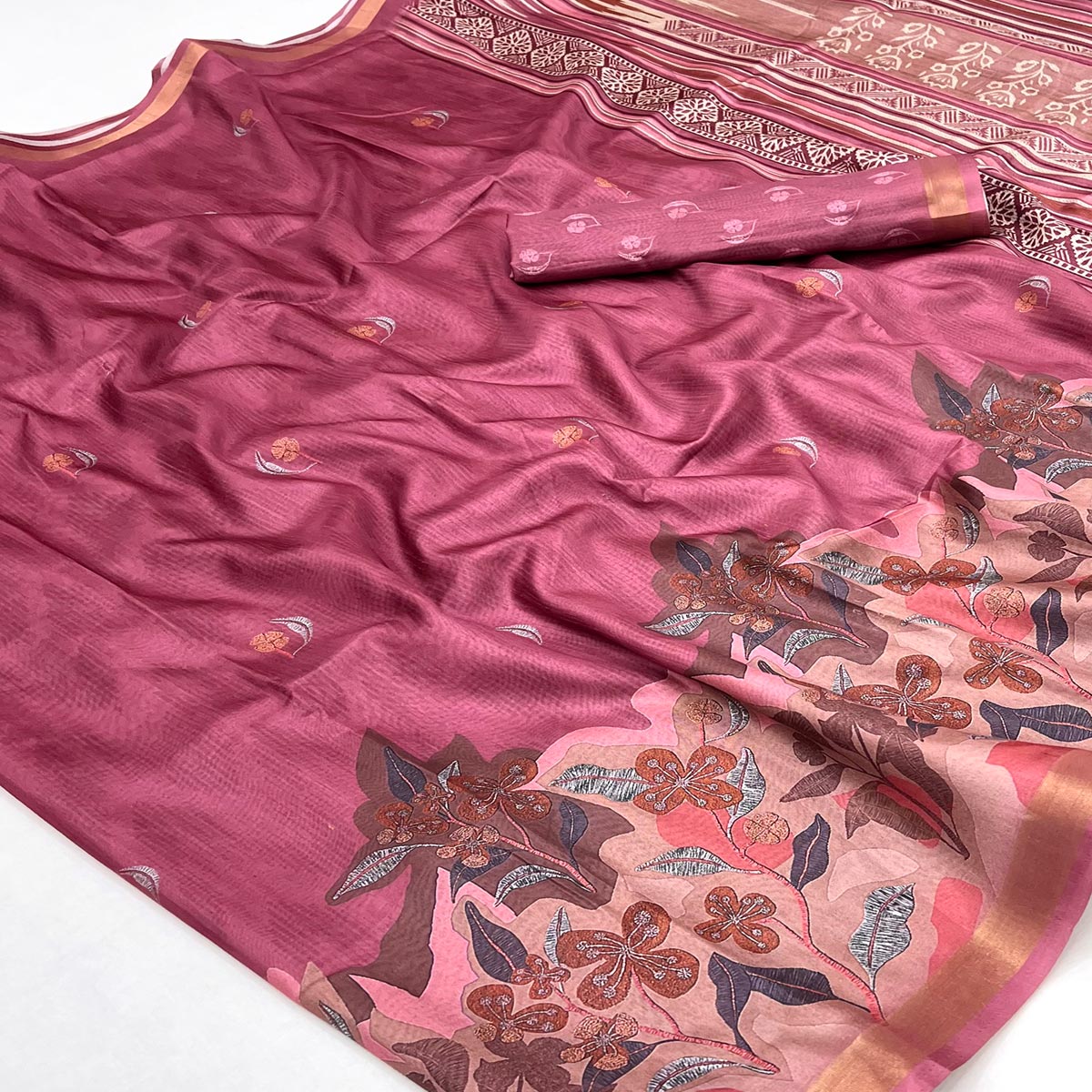 Ethereal Pink Floral Digital Printed Dola Silk Saree With Zari Border