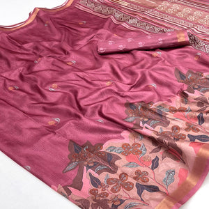 Ethereal Pink Floral Digital Printed Dola Silk Saree With Zari Border