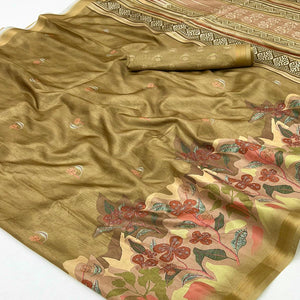 Ethereal Dark Mustard Floral Digital Printed Dola Silk Saree With Zari Border