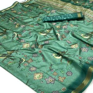 Green Floral & Bird Digital Printed Dola Silk Saree With Elegant Zari Border