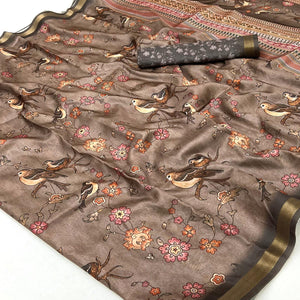 Brown Floral & Bird Digital Printed Dola Silk Saree With Elegant Zari Border