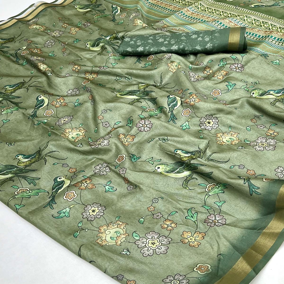 Green Floral & Bird Digital Printed Dola Silk Saree With Elegant Zari Border