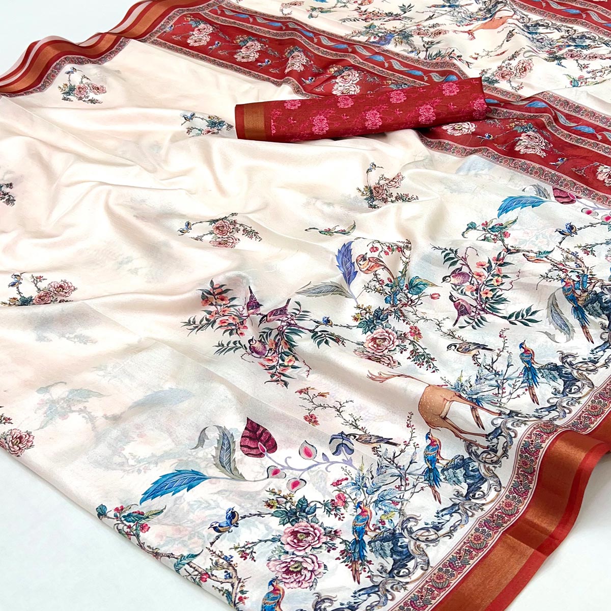 Offwhite Majestic Floral & Birds Digital Printed Dola Silk Saree With Refined Zari Border