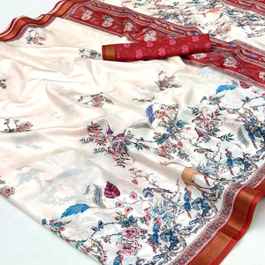 Offwhite Majestic Floral & Birds Digital Printed Dola Silk Saree With Refined Zari Border