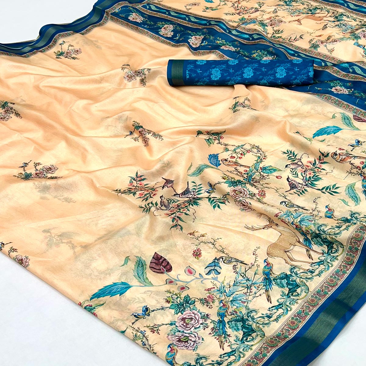 Light Peach Majestic Floral & Birds Digital Printed Dola Silk Saree With Refined Zari Border