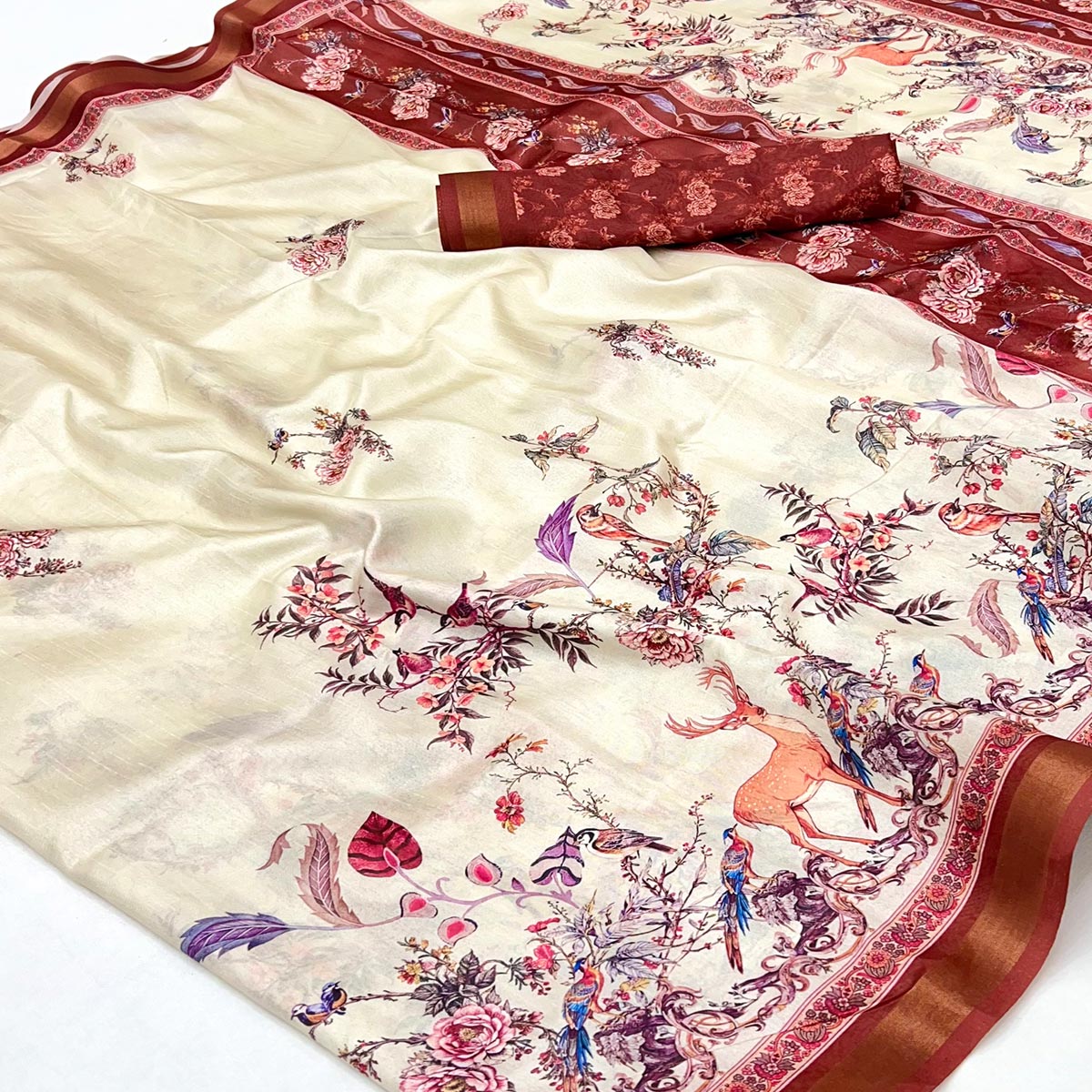Cream Majestic Floral & Birds Digital Printed Dola Silk Saree With Refined Zari Border