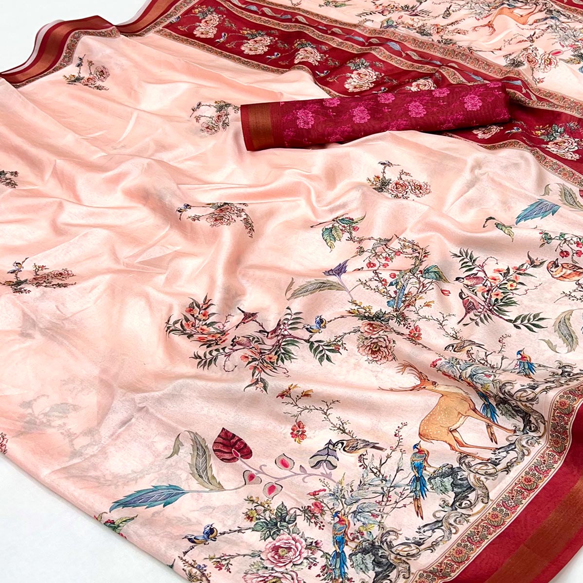 Peach Majestic Floral & Birds Digital Printed Dola Silk Saree With Refined Zari Border