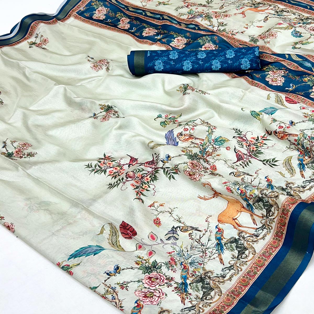 Pastel Green Majestic Floral & Birds Digital Printed Dola Silk Saree With Refined Zari Border