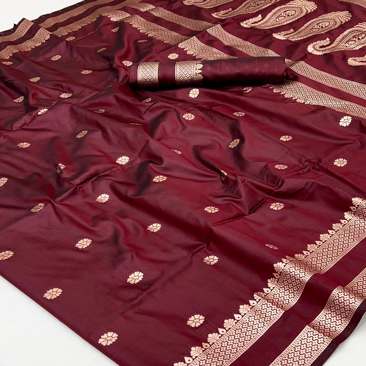 Maroon Ornate Floral Zari Weaving Work Silk Blend Saree With Festive Shine