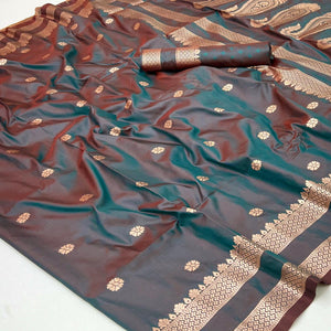 Teal Green Ornate Floral Zari Weaving Work Silk Blend Saree With Festive Shine