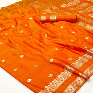 Orange Ornate Floral Zari Weaving Work Silk Blend Saree With Festive Shine