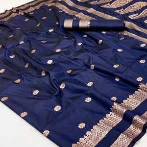 Navy Blue Ornate Floral Zari Weaving Work Silk Blend Saree With Festive Shine